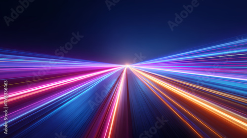 Abstract illustration of speed and motion, with vibrant light trails converging towards a central point. The illustration conveys a sense of rapid movement and technological advancement