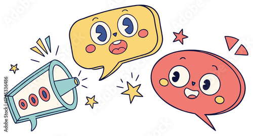 Cute cartoon megaphone and speech bubble communication illustration