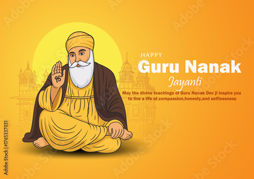 Guru Nanak Jayanti Greeting Illustration – Sikh Guru Blessing with Golden Temple Background