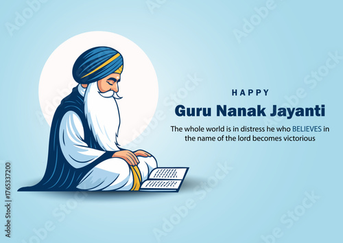 Guru Nanak Jayanti Illustration – Sikh Guru Reading Holy Scripture on Blue Background