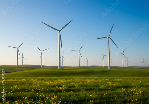 Wind Turbines on Green Hills with Blue Sky