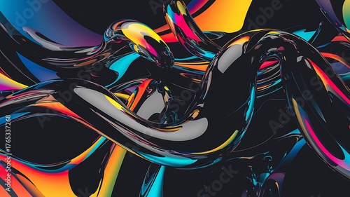 3d iridescent liquid glass ribbon wave line with neon rainbow light texture on abstract black background. Holographic gradient water flow with speed motion effect. Digital tech banner. 3D illustration