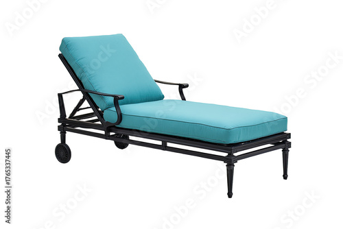 Dark gray metal outdoor chaise lounge with teal cushions