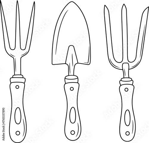Gardening tools illustration, garden fork and trowel drawing, horticulture equipment sketch, farming hand tools artwork, educational lifestyle graphic, soil care design