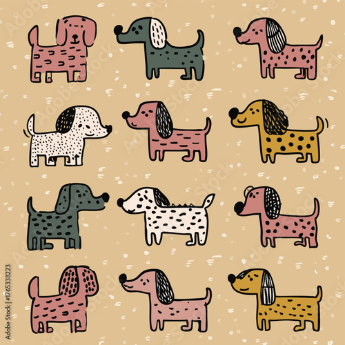 Cute dog animal pattern, baby pattern seamless fabric pattern for kids,colorful,vector illustration,beige texture,design for packaging, kids clothes, card, birthday party,wallpaper,wrapping paper.