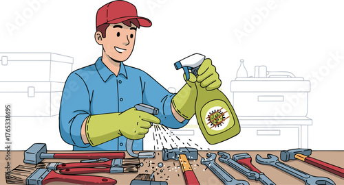 Smiling handyman in a red cap cleaning his work tools.