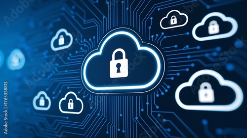 A cybersecurity analyst monitoring cloud security, office with cloud infrastructure diagrams and security alerts visible, High-tech style