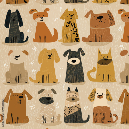Cute dog animal pattern, baby pattern seamless fabric pattern for kids,colorful,vector illustration,beige texture,design for packaging, kids clothes, card, birthday party,wallpaper,wrapping paper.