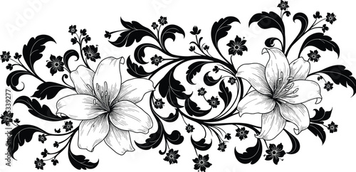 Beautiful floral ornament with blooming lilies and leaves in black and white, elegant botanical decorative artwork, CAD drawing flat vector illustration.
