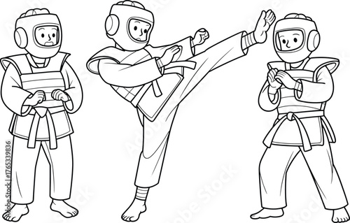 Martial arts sparring illustration, karate taekwondo training drawing, sports discipline artwork, self defense sketch, educational martial design, fitness graphic