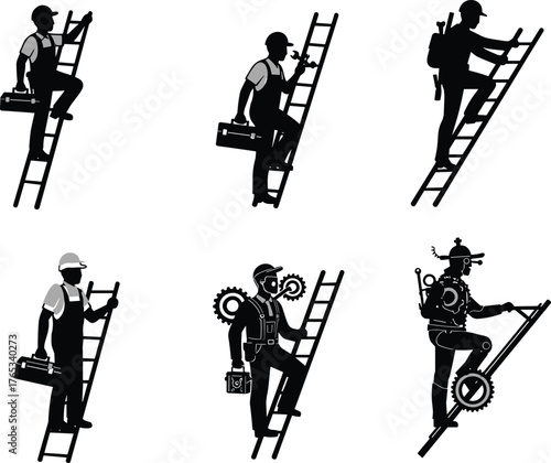 Construction workers climbing ladder with tools, repairman silhouette, industrial maintenance, safety gear, teamwork and engineering concept illustration design