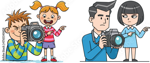 Funny contrast of happy kids and serious adults with camera, emotional facial expressions, photography concept, humor cartoon illustration, white background