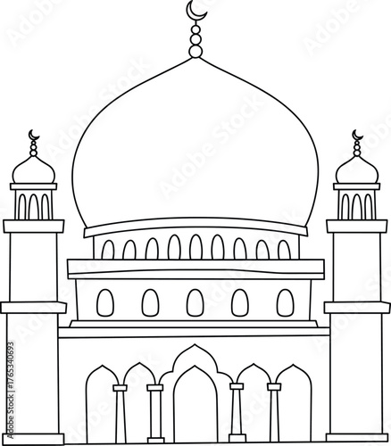 Mosque line drawing illustration, Islamic architecture sketch, cultural religious artwork, traditional mosque design, educational graphic, worship place art, heritage symbol