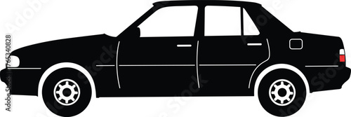Black sedan car side view silhouette, modern vehicle shape, automobile transport concept, transportation design, CAD drawing flat vector illustration.