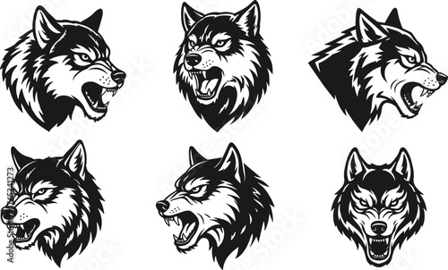 Black and white wolf head mascot collection, fierce wild animal illustration, aggressive wolf faces logo design, CAD drawing flat vector illustration.