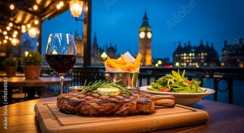 Grilled beef and salad vegetables make a gourmet dinner plate with Big Ben at night in the background 