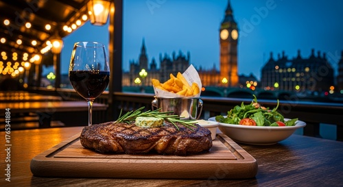 Grilled lamb chops and salad vegetables make a gourmet dinner plate with Big Ben at night in the background 