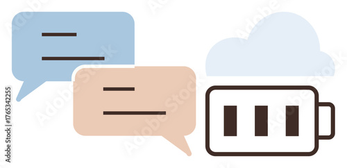 Speech bubbles representing dialogue, a cloud signifying online storage, and a battery icon for energy or technology. Ideal for communication, cloud computing, power saving, collaboration, data