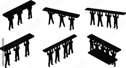 Silhouette construction workers lifting heavy beam together, teamwork and strength concept, industrial collaboration illustration, building construction and labor unity graphic