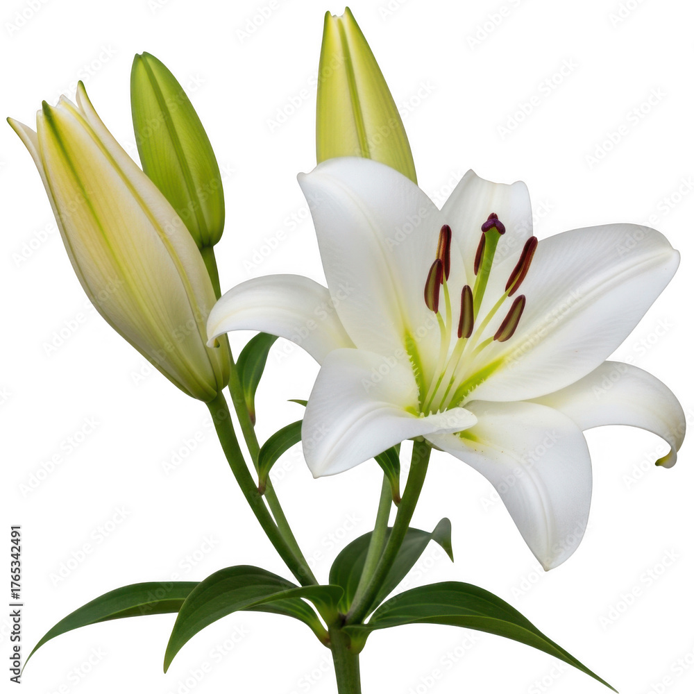 Fototapeta premium White lily flower with buds isolated on transparent background