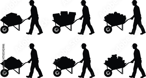 Silhouette construction workers pushing wheelbarrows, labor teamwork concept, industrial job illustration, hard work and building industry design, vector graphic art