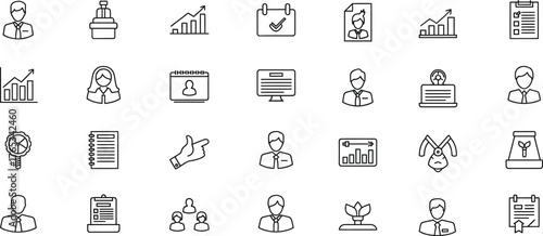 Collection of hand drawn icons representing business finance technology and music concepts