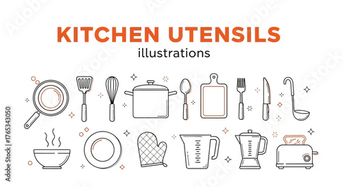 A collection of essential kitchen utensils and cooking appliances illustrated in a clean, modern line art style.