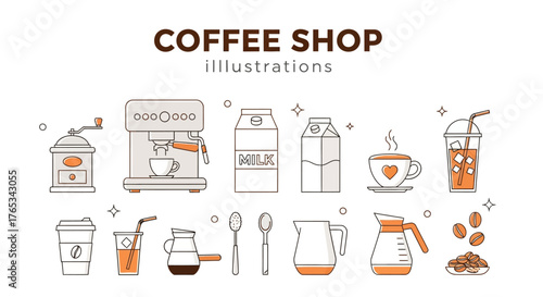 A set of coffee shop illustrations featuring various brewing equipment, drinks, and accessories in a line art style.
