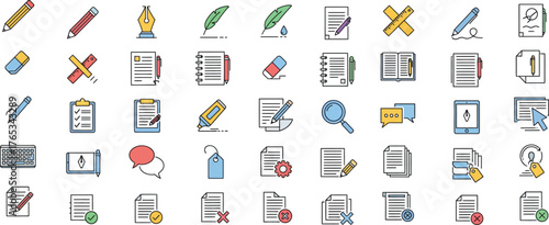 Collection of isolated icons representing writing tools education and office supplies