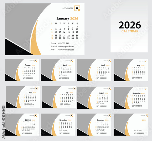 2026 desk calendar. Calendar planner design template. Desk calendar with week start on Sunday. Vector illustration. 