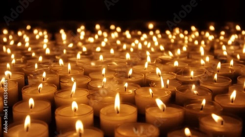 Wallpaper Mural A serene display of numerous lit candles arranged closely, casting a warm glow in a dimly lit environment, creating a tranquil atmosphere perfect for meditation or remembrance Torontodigital.ca