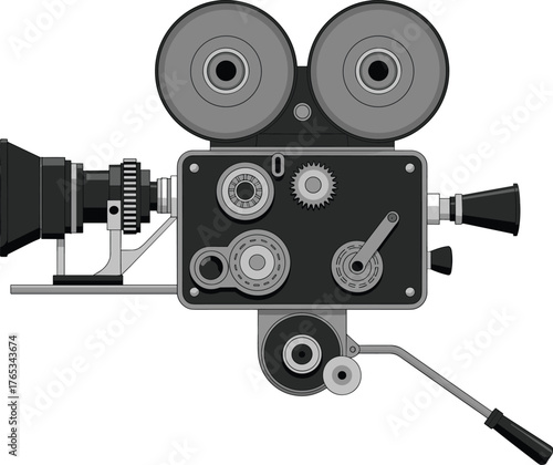 Vintage film camera illustration, classic cinematography drawing, retro movie equipment sketch, antique camera artwork, filmmaking history graphic, educational design, collectible art
