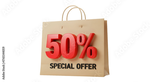 Grab 50% savings with this special offer, a shopping bag promoting discounts and savings for retail promotions and deals during shopping events