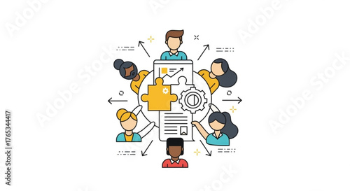 Business collaboration team members connected by puzzle pieces, charts, and gears, representing teamwork, strategy, and progress