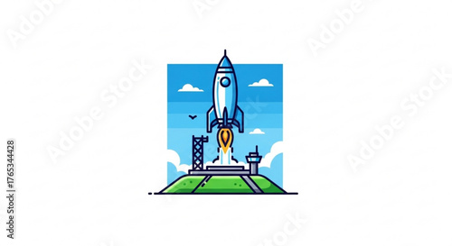 Illustration of a rocket launching from a launchpad, set against a blue sky with clouds, symbolizing ambition and progress