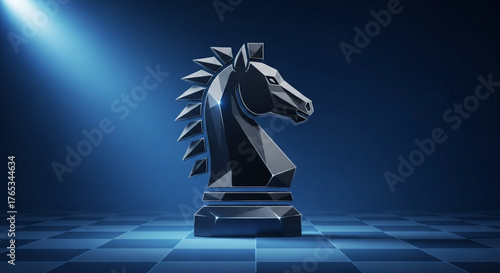 A chess knight stands tall, bathed in blue light, symbolizing strategic thinking and calculated moves in the game of business and life
