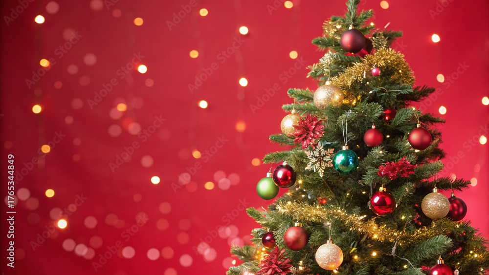 Fototapeta premium A beautifully adorned Christmas tree stands tall, featuring shiny ornaments and sparkling lights. 