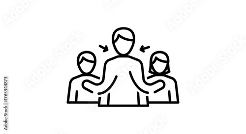 Line art illustration depicting a leader with arms around two people, symbolizing support, guidance, and teamwork