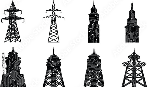 Silhouettes of transmission towers with circuit board patterns, black vector illustration for energy infrastructure, smart grid, and digital technology concept
