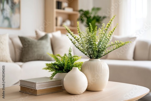Light-filled living room with decorative plants and vases on a coffee table