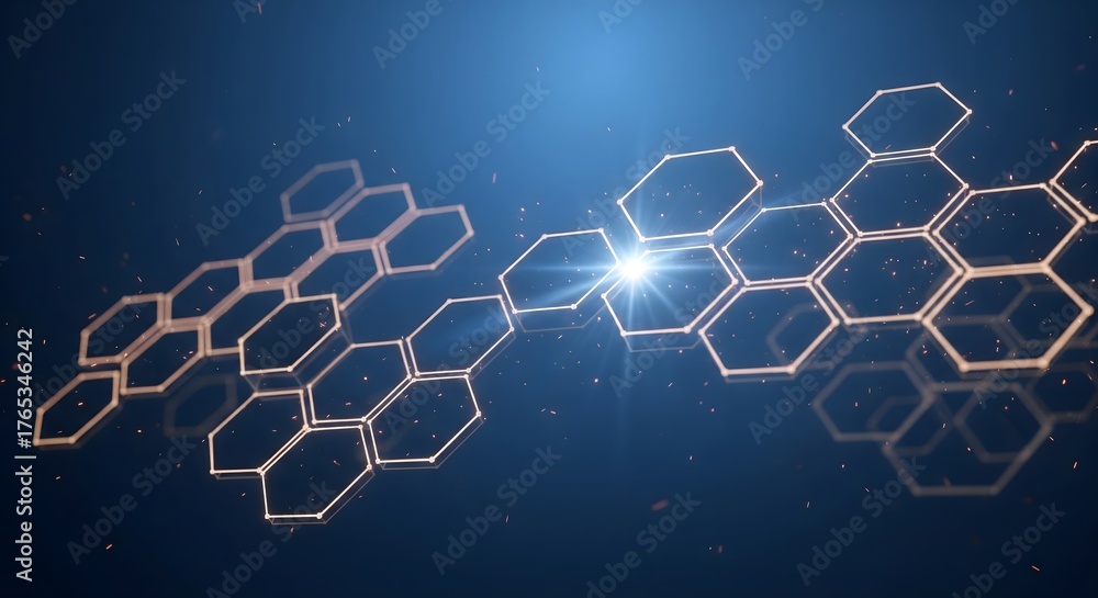Obraz premium Abstract glowing hexagonal network structure on a dark blue background representing technology, science, data, and digital connectivity