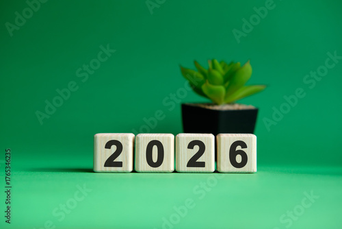 New year 2026 concept. Plain green background text with a plant