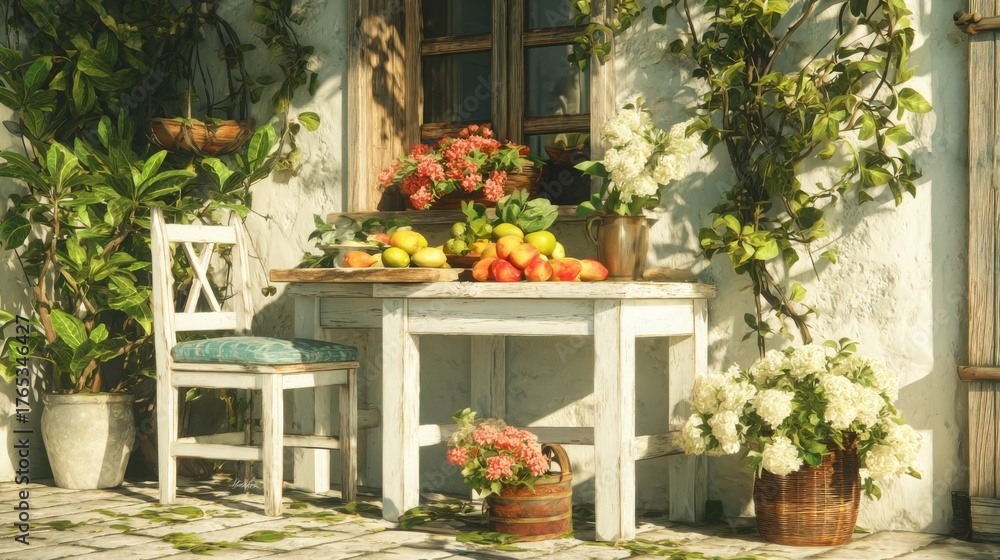Fototapeta premium Summer Serenity: White Table with Fruits and Flowers by the House