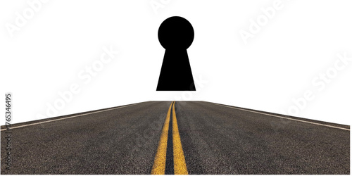 Highway toward keyhole vector for direct path, focused goal, and clear strategy. Represents a clear, unobstructed route to a solution, access point, or important objective in business or life.