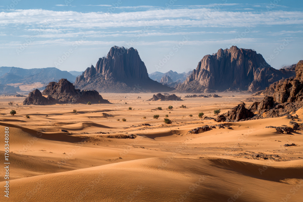 Naklejka premium Desert landscape, sand dunes and rocky mountains sunset. Dramatic view sahara. Red Mars like landscape. beautiful rock formations. Orange red sand desert, rocky formations and mountains background.
