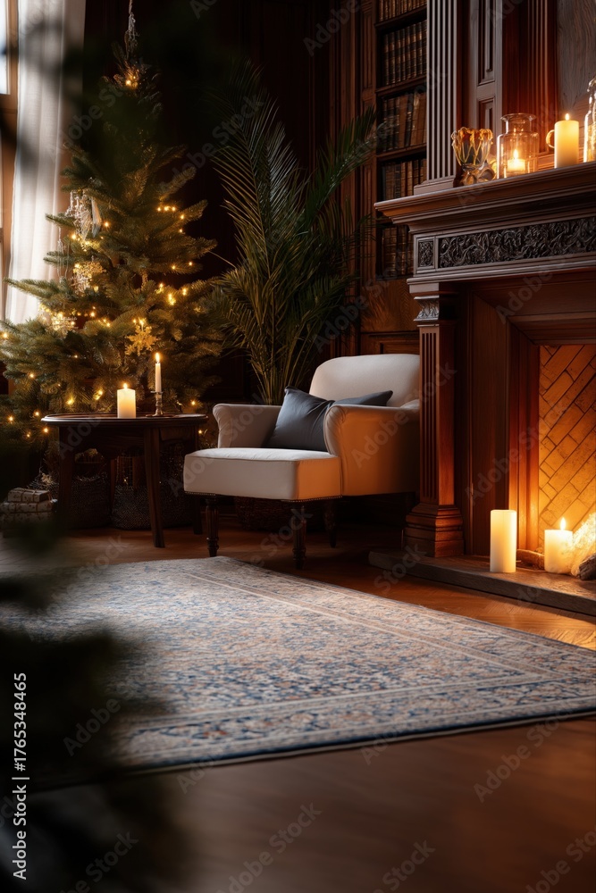 Obraz premium Cozy christmas living room with armchair, fireplace, and decorated tree