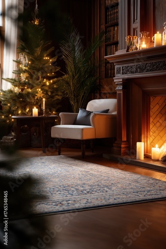 Cozy christmas living room with armchair, fireplace, and decorated tree