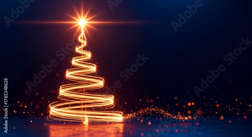 Abstract Christmas Tree Formed by a Vibrant Orange Golden Light Spiral and Bright Star Topper on a Reflective Ground with Sparkling Dust and Bokeh Against a Dark Blue Background