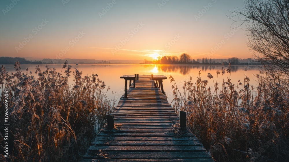 Obraz premium Golden Tranquility: Sunset Over a Frosty Lake Pier