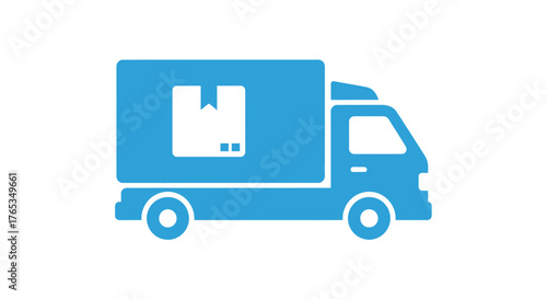 Bright blue delivery truck icon transporting a package on a white background